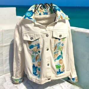 Custom White Jean Jacket - Ocean-Inspired Design - Size Large NWT